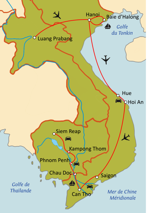 Carte du circuit Au fil du Mékong : Laos - Vietnam - Cambodge