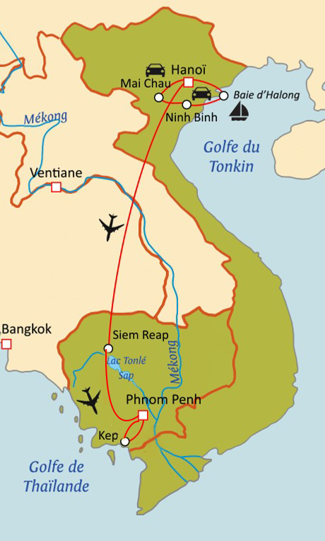 Carte du circuit Extrait d'Indochine : Vietnam - Cambodge