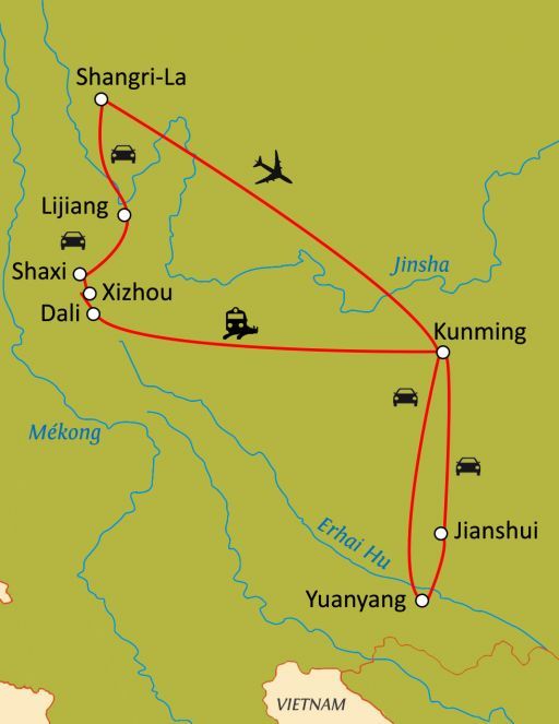Carte du circuit Yunnan, pays "au sud des nuages"