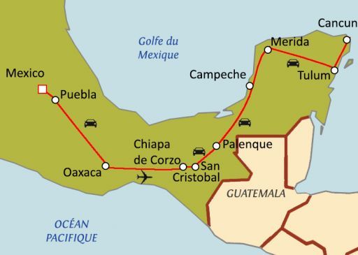 Carte du circuit Trésors du Mexique avec chauffeur