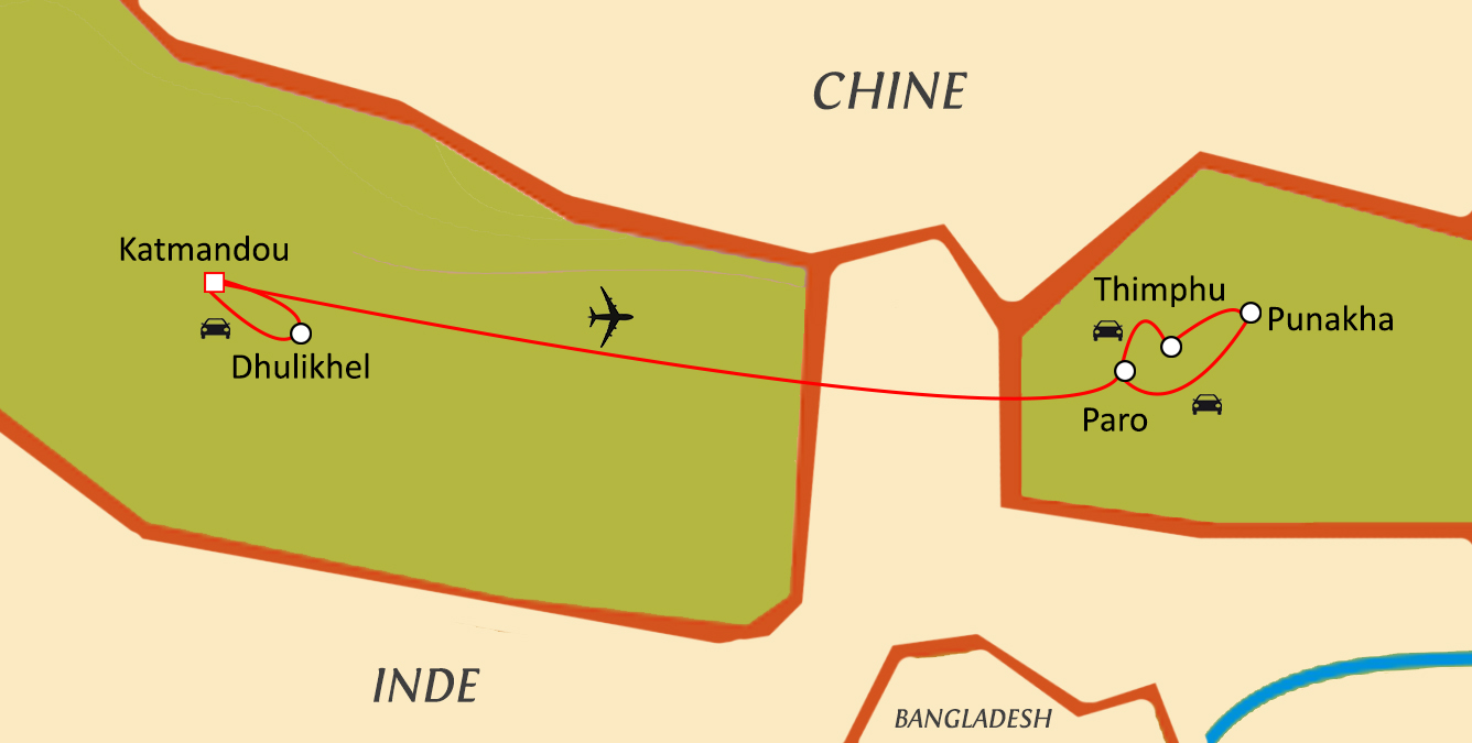 Carte du circuit Du Népal au Bhoutan