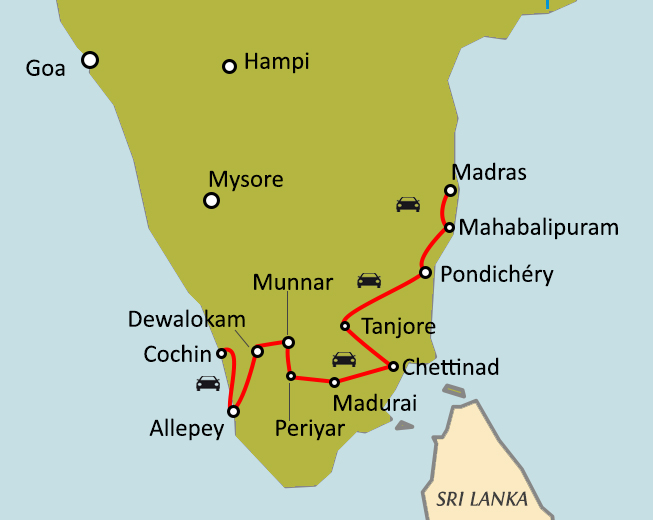 Carte du circuit Du Tamil Nadu au Kerala